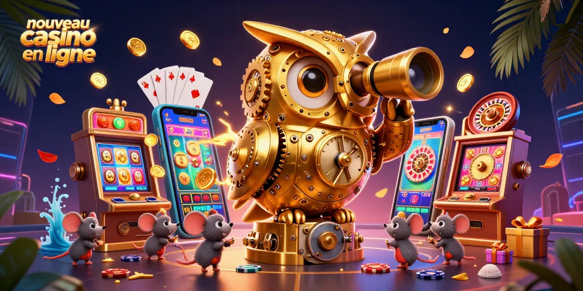 Découvrez le nouveau casino en ligne avec une illustration immersive d'un hibou mécanique et de jeux de casino.
