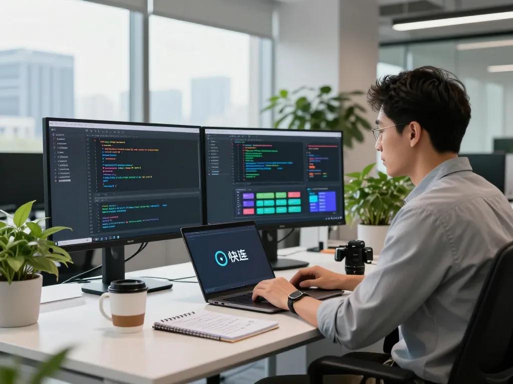 快连 software developer optimizing network performance with dual monitors in a modern office.