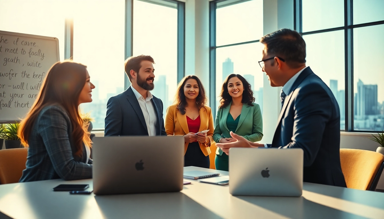 Find my true calling by a professional career coach guiding a diverse group in a bright office setting.