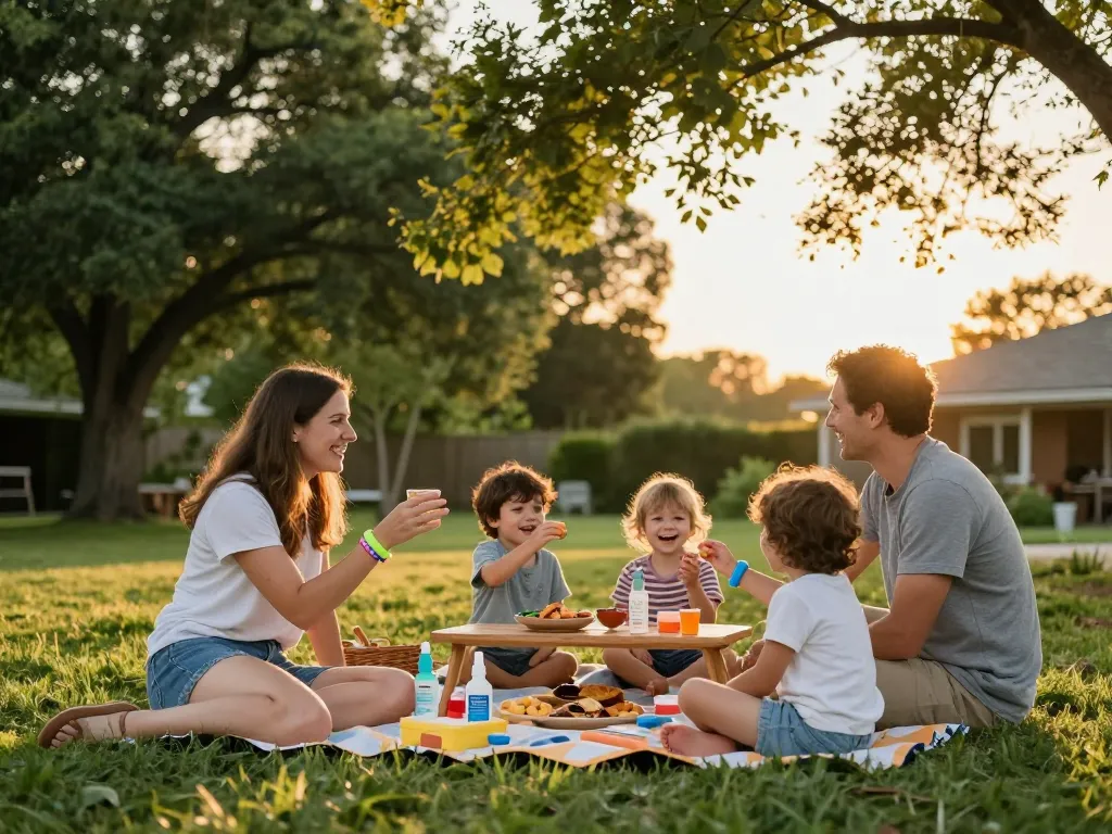 Family enjoying outdoor gathering with mosquito repellent products on picnic table.
