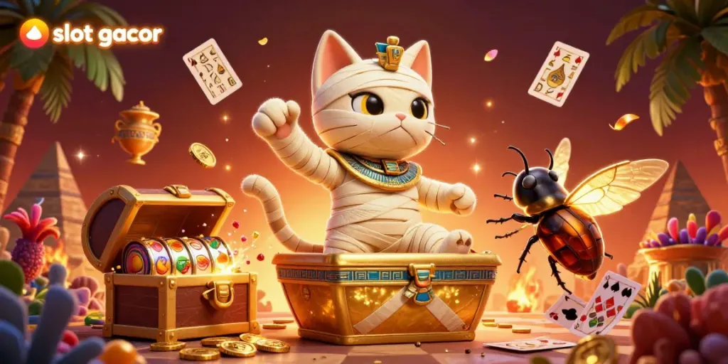 Engaging cartoon scene depicting slot gacor action featuring a playful Egyptian mummy cat and a scarab beetle amidst slot machines.