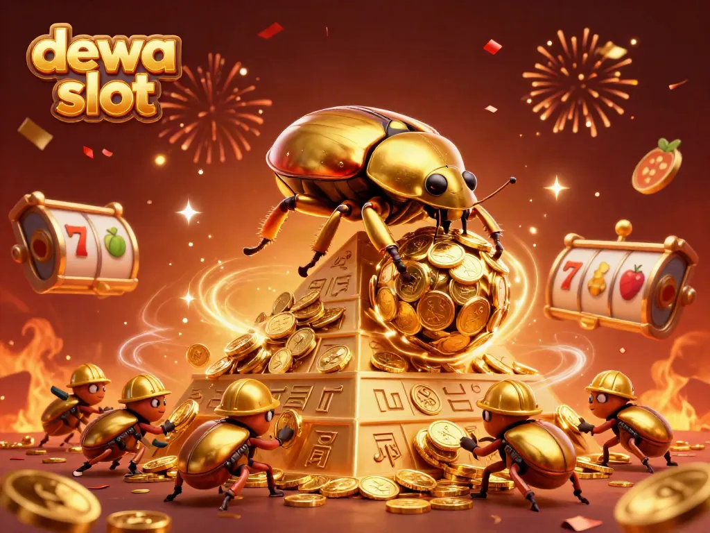 Permainan dewa slot dengan simbol jackpot dan kumbang emas yang menggelinding.