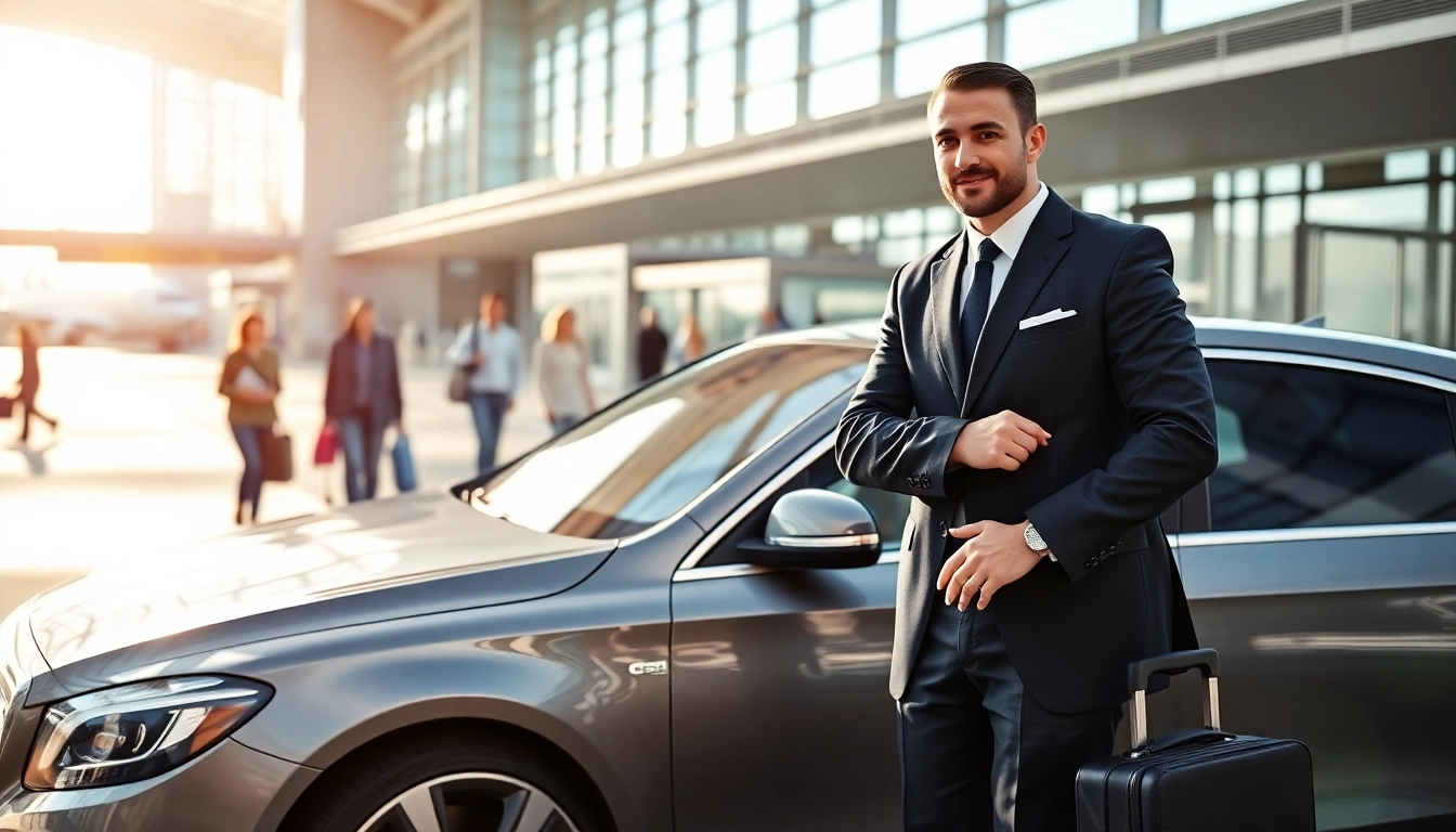 Experience comfortable Private Airport Transfers with a professional chauffeur at a modern airport terminal.