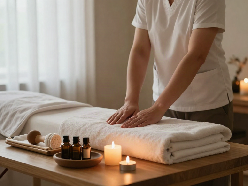 Relaxing 구월동출장마사지 room setup with candles and oils