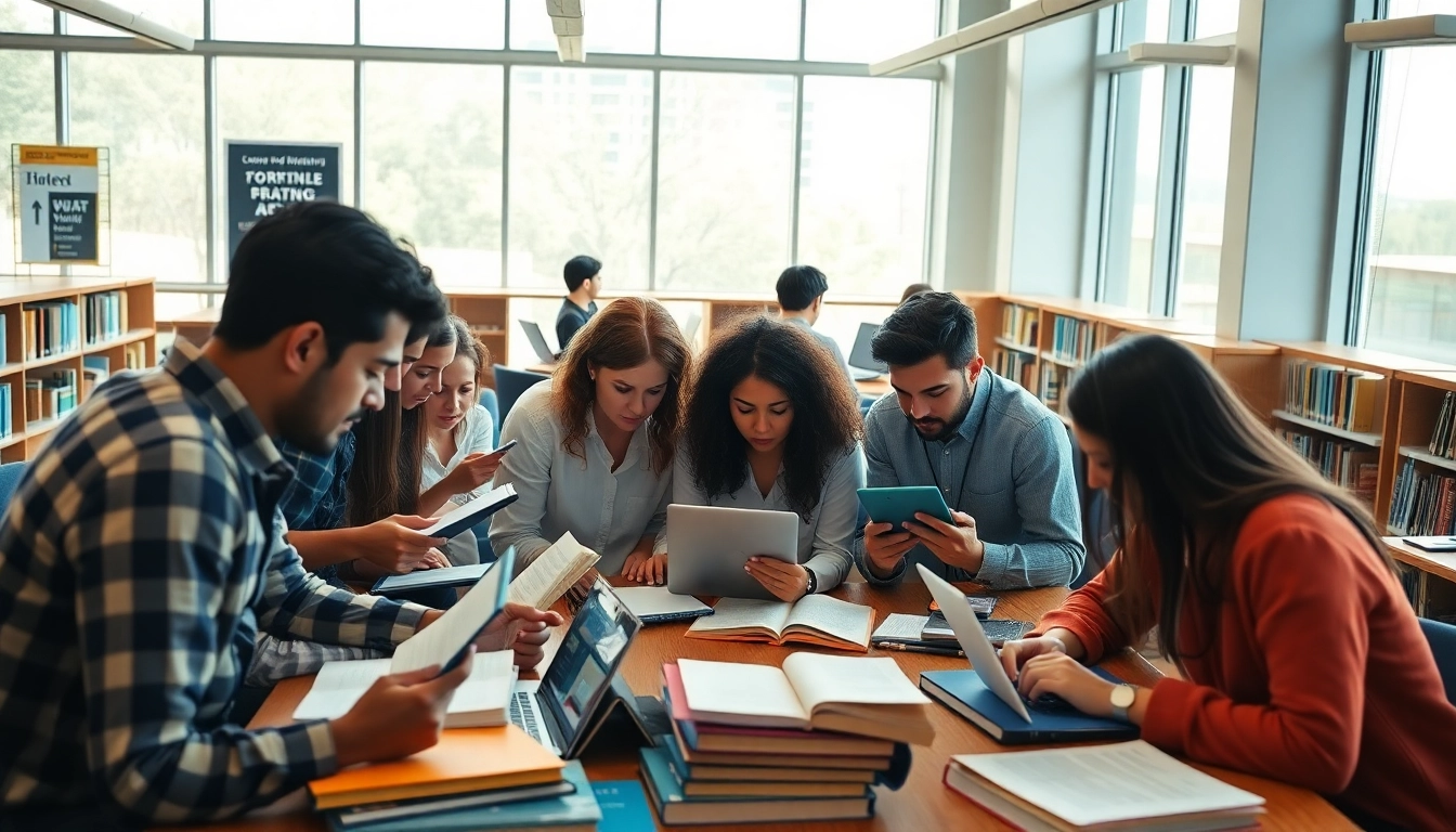 Dynamic scene of exam preparation with a study group collaborating at a library.