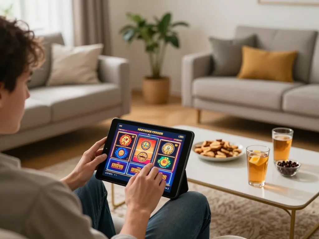 Engaging in slot gacor hari ini on a tablet, excited player in a cozy gaming setup.