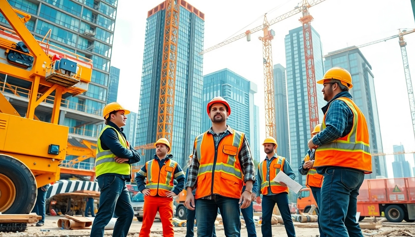 Construction career professionals collaborating on a busy site with safety gear and tools.