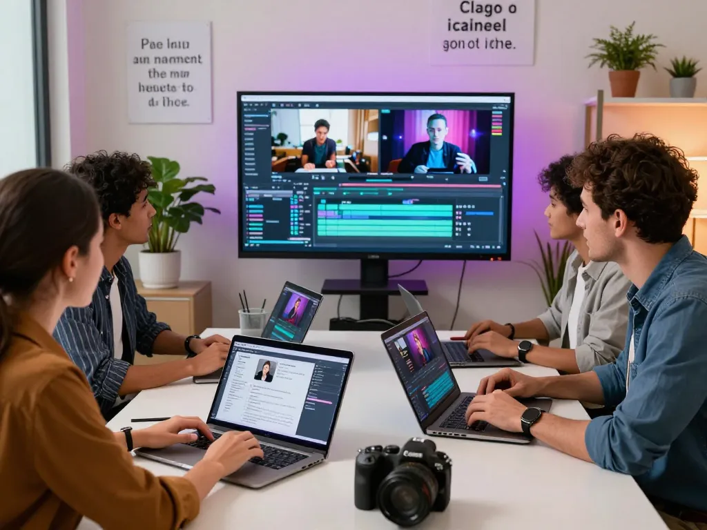 Diverse professionals analyzing video content using a video to promptgenerator in a collaborative workspace, showcasing creativity and technology.