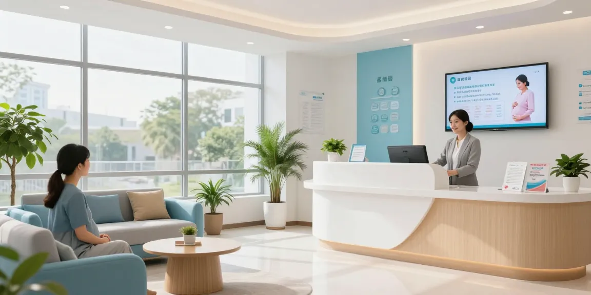 Maternity health insurance consultation in a healthcare clinic with friendly staff, comfortable environment, and health information displays.
