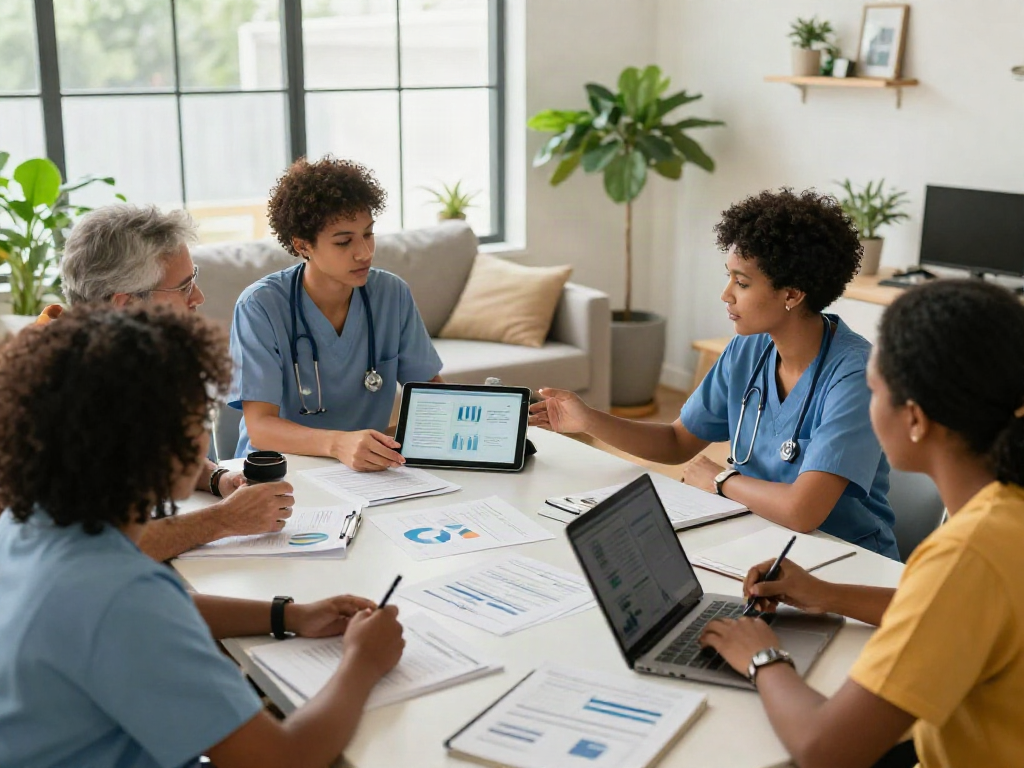 Team discussing bonus new member programs in a home care office.