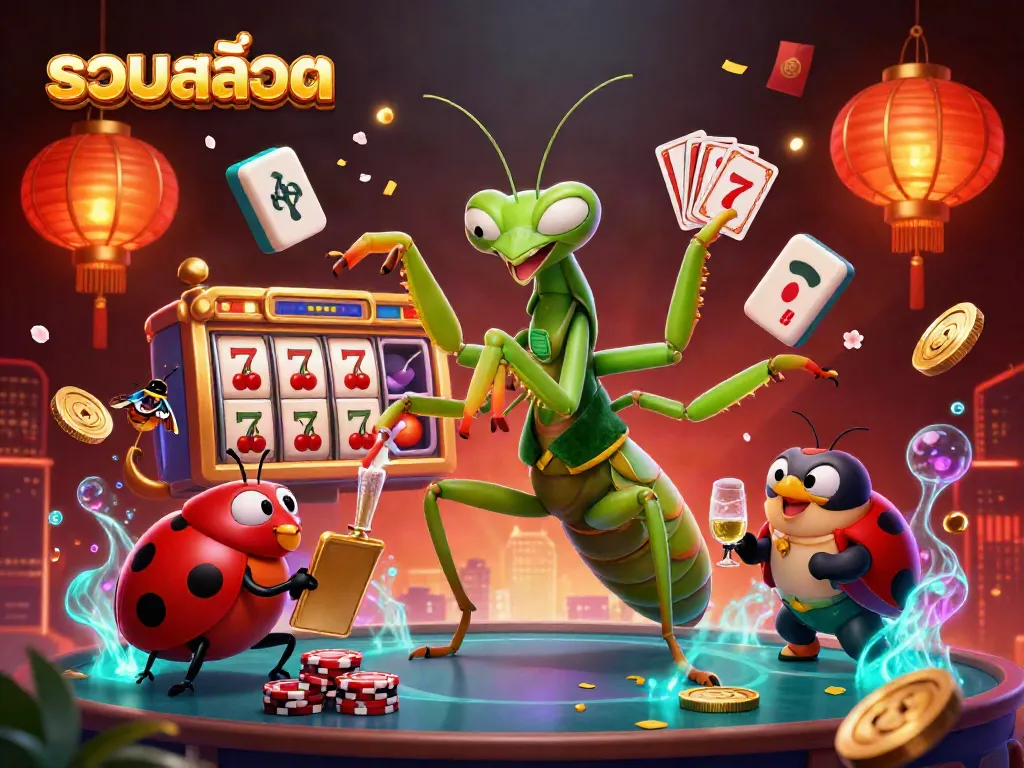 Experience the excitement of รวมสล็อต with a lively scene of a giant mantis dealing cards and a ladybug pit boss.