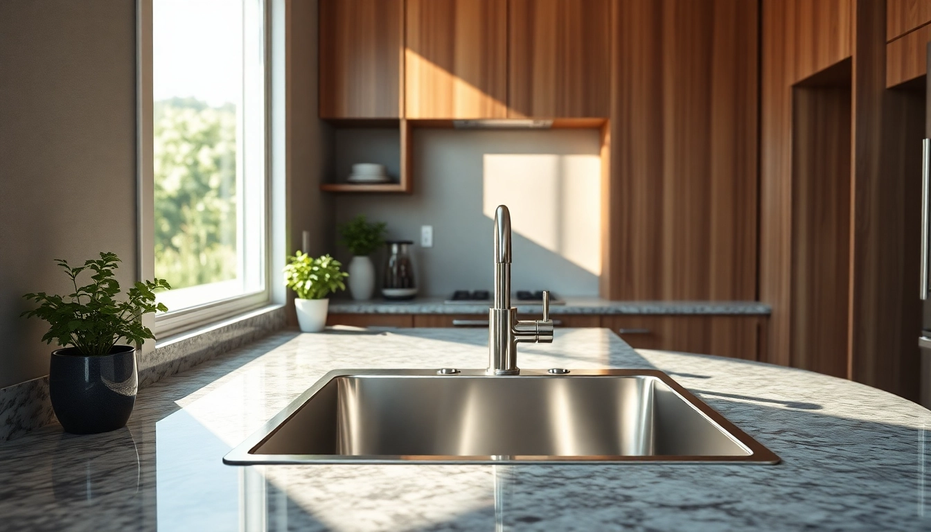 Find a vibrant stainless steel kitchen sink near me showcased in a modern kitchen setting.
