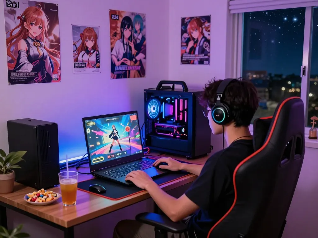 Engaged gamer playing Degrees of Lewdity with neon lights, showcasing a vibrant adult gaming culture.