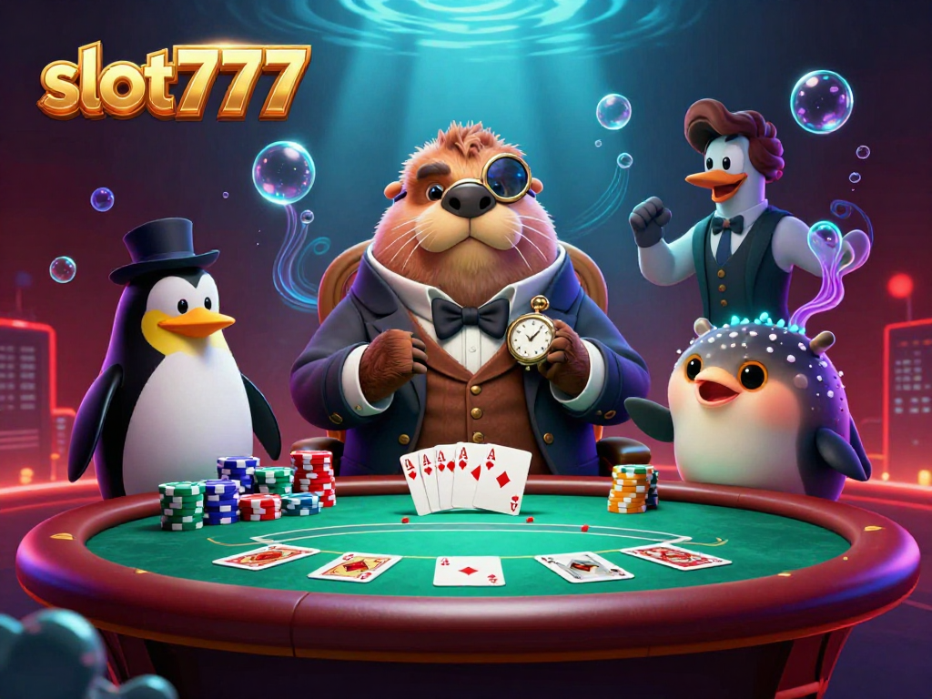 Play exciting slot777 games with a jolly walrus and friends at an underwater casino table.