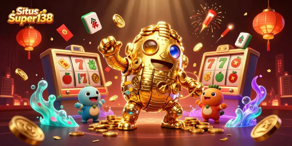 Situs Super138 showcases a vibrant golden golem surrounded by dynamic slot symbols, emphasizing winning potential.