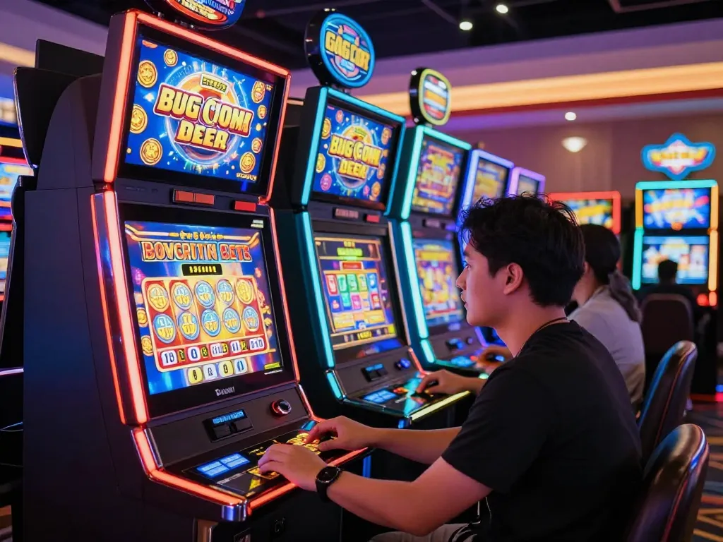 Pemain yang antusias berinteraksi dengan mesin slot gacor di suasana kasino yang ramai.