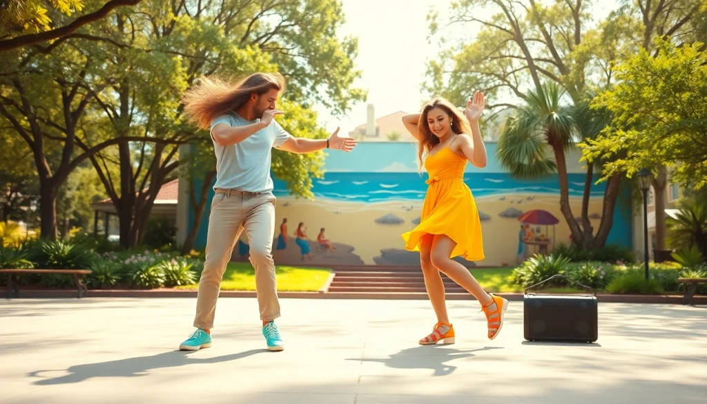 Dancers performing Carolina Dance moves in a vibrant park setting with a beach mural backdrop.