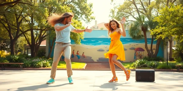 Dancers performing Carolina Dance moves in a vibrant park setting with a beach mural backdrop.