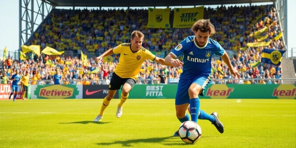 해외축구중계를 즐기는 축구 경기 장면, 선수들이 열정적으로 완주하는 모습