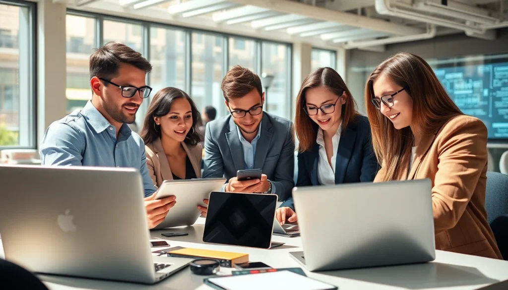 Individuals collaborating in technology-driven workspace, showcasing teamwork and innovation.