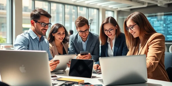 Individuals collaborating in technology-driven workspace, showcasing teamwork and innovation.