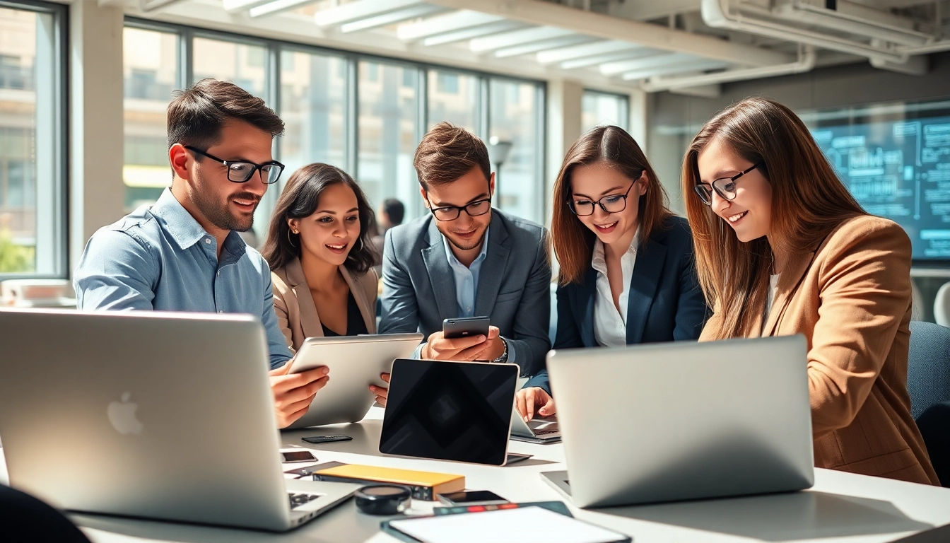 Individuals collaborating in technology-driven workspace, showcasing teamwork and innovation.