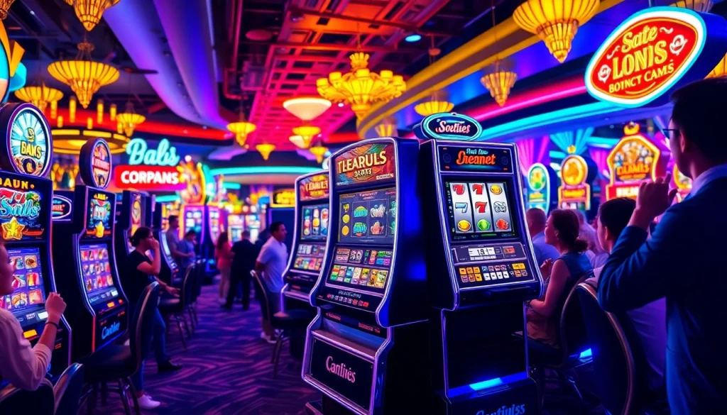 Putar slot di mesin dengan lampu berwarna dan pemain yang bersemangat di kasino.