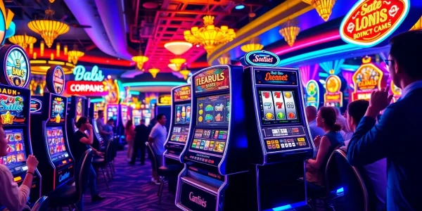 Putar slot di mesin dengan lampu berwarna dan pemain yang bersemangat di kasino.