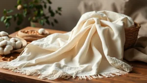 Ongebleekt katoen fabric with organic textures displayed on a natural wooden table.