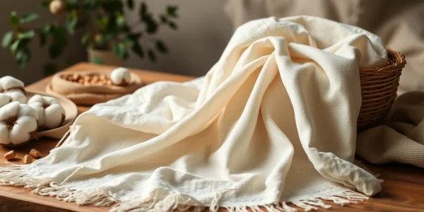 Ongebleekt katoen fabric with organic textures displayed on a natural wooden table.