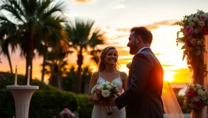 Wedding videographer in Tampa capturing a couple exchanging vows during a sunset ceremony.