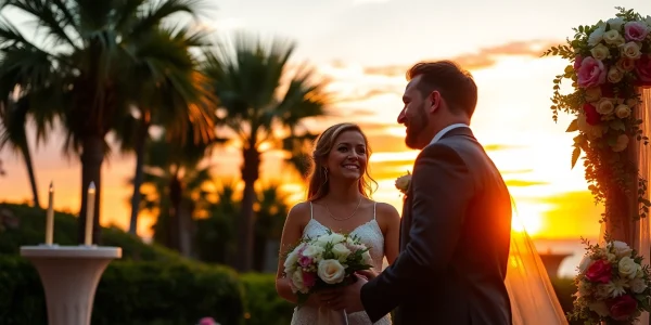 Wedding videographer in Tampa capturing a couple exchanging vows during a sunset ceremony.