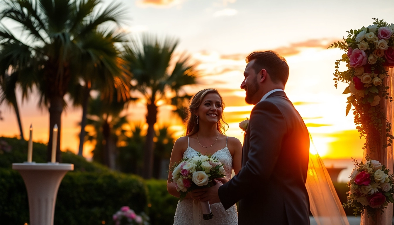 Wedding videographer in Tampa capturing a couple exchanging vows during a sunset ceremony.