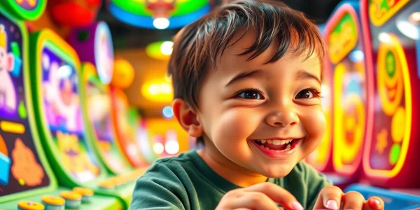 Explore Yono games as a child immerses in vibrant gaming graphics and interactive elements.