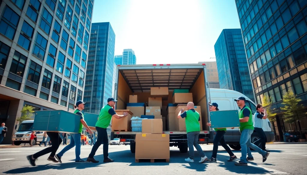 Toronto movers expertly loading items onto a moving truck in a lively city environment.