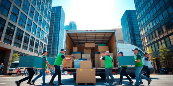 Toronto movers expertly loading items onto a moving truck in a lively city environment.
