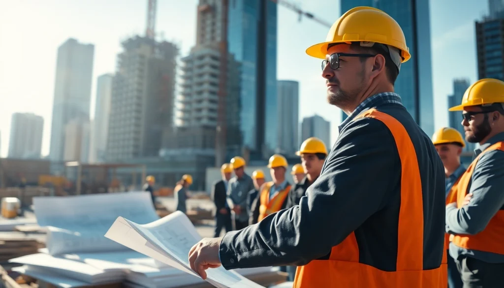 New York Construction Manager directing a construction site with a diverse team and blueprints.