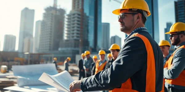New York Construction Manager directing a construction site with a diverse team and blueprints.