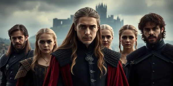 Actors of the game of thrones cast showcasing heroic expressions in a medieval setting.