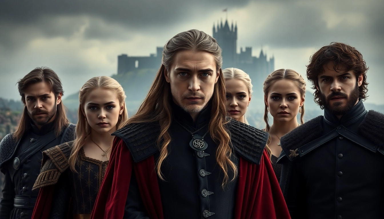 Actors of the game of thrones cast showcasing heroic expressions in a medieval setting.