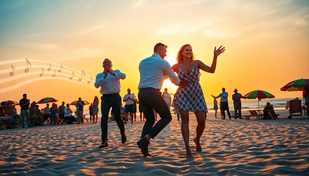 Celebrate Carolina Dance with lively dancers performing on the beach at sunset.