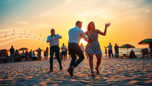 Celebrate Carolina Dance with lively dancers performing on the beach at sunset.