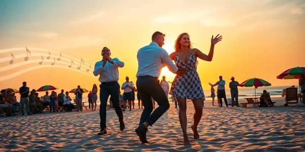 Celebrate Carolina Dance with lively dancers performing on the beach at sunset.
