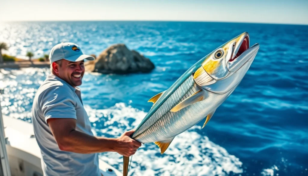 Experience thrilling Wahoo fishing Cabo San Lucas with a fisherman battling a stunning catch.