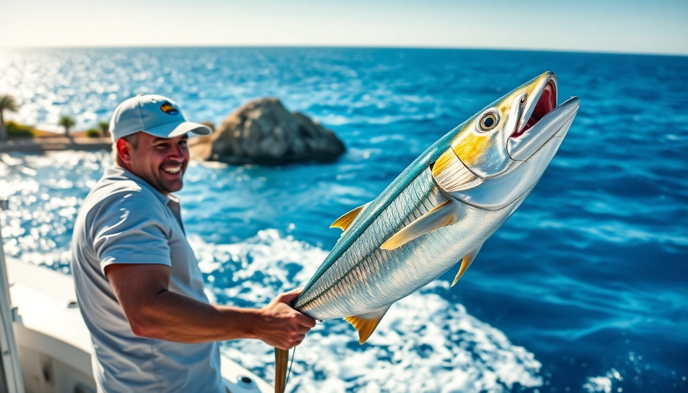 Experience thrilling Wahoo fishing Cabo San Lucas with a fisherman battling a stunning catch.