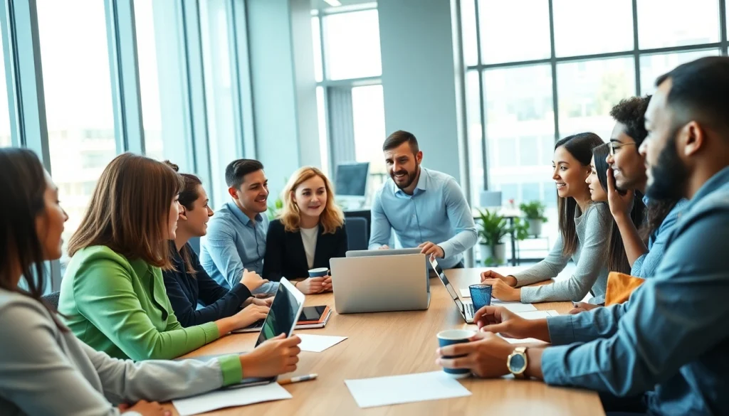 Engaged team collaborating on Good Wolf Marketing strategies in a bright office.