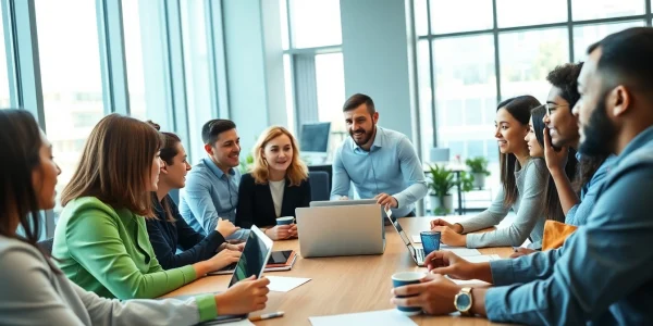 Engaged team collaborating on Good Wolf Marketing strategies in a bright office.