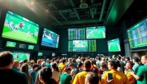 Engaging scene depicting the best sports betting sites India with vibrant betting interfaces and excited crowd.