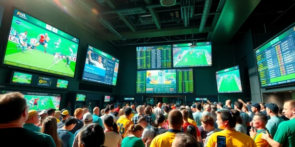 Engaging scene depicting the best sports betting sites India with vibrant betting interfaces and excited crowd.