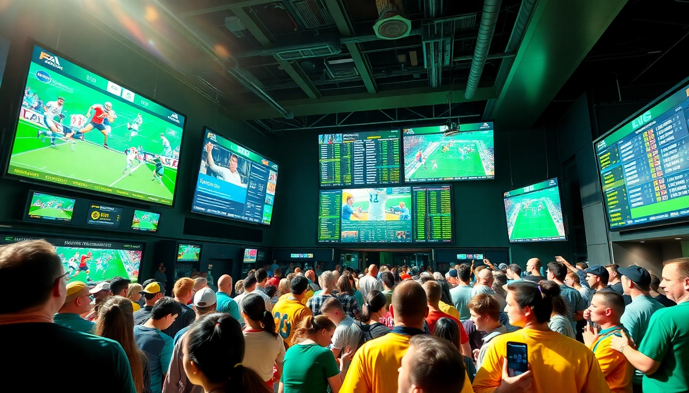 Engaging scene depicting the best sports betting sites India with vibrant betting interfaces and excited crowd.